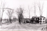 The Corner of Greenwood Ave. & Blackman Ave c. 1910                                                                          Bethel’s main thoroughfare in the first years of the 20th century.  Notice the dirt streets with the cobblestone path running between the trolley tracks. In the distance can be seen the hand-cranked railroad gates. The numerous Elm trees that lined both sides of the street eventually fell victim to the Dutch-elm disease that swept throughout a portion of New England in the 1960s. 